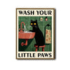 Novelty Cat Wall Canvas, Retro Style Wash Your Little Paws Black Cat Artwork, Cute Powder Room Home Decor
