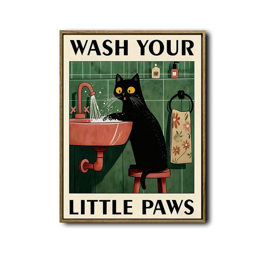 Novelty Cat Wall Canvas, Retro Style Wash Your Little Paws Black Cat Artwork, Cute Powder Room Home Decor