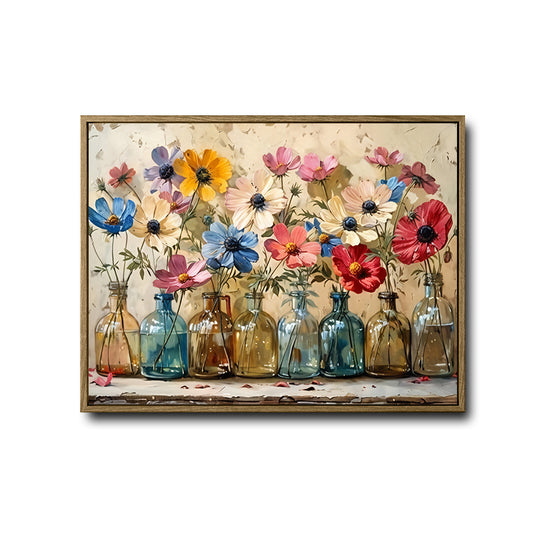Colorful Cosmos Flowers Vintage Glass Bottles Canvas Wall Art, Multicolor Wildflower Floral Still Life Horizontal Print, Farmhouse Rustic Country Flower Wall Decor