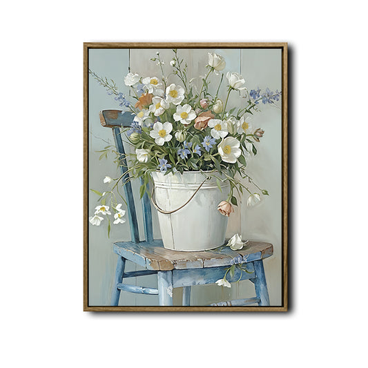 White Wildflower Bucket On Vintage Blue Wooden Chair Canvas Wall Art, Country Cottage Floral Still Life Vertical Print, Shabby Chic Farmhouse Pastel Flower Wall Decor