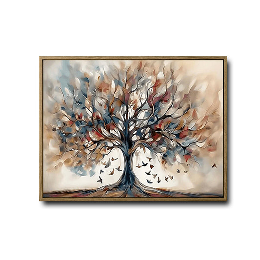 Abstract Tree of Life Canvas Wall Art, Vintage Neutral Color Tree with Flying Birds Print, Horizontal Modern Farmhouse Living Room Wall Decor