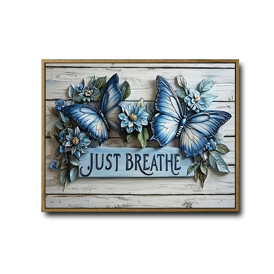 Farmhouse Relaxing Wall Decor, Two Blue Butterflies & Blue Flowers With Quote Just Breathe, Distressed White Wood Plank Background 3D Textured Look Horizontal Inspirational Canvas Artwork