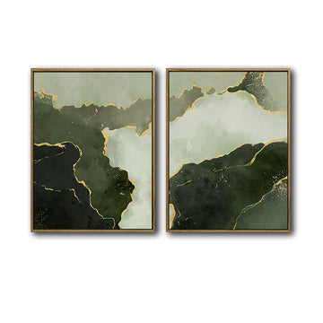 2 Piece Muted Dark Emerald Green Gold Line Abstract Canvas Prints Modern Organic Fluid Ink Neutral Wall Art