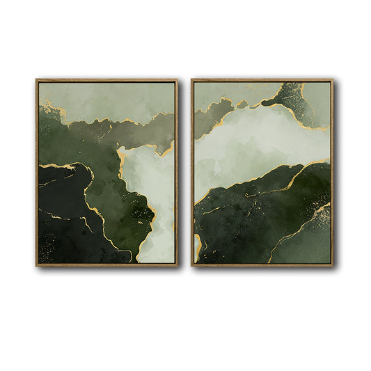 2 Piece Muted Dark Emerald Green Gold Line Abstract Canvas Prints Modern Organic Fluid Ink Neutral Wall Art