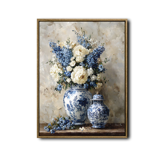 Classic Blue & White Porcelain Floral Wall Decor, Vintage Oil Painting Still‑Life with Peonies Canvas Poster