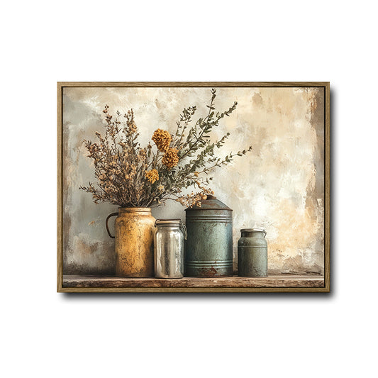 Vintage Metal Can Dried Wildflower Canvas Wall Art, Rustic Farmhouse Still Life Horizontal Print, Neutral Weathered Metal Pitcher Country Wall Decor
