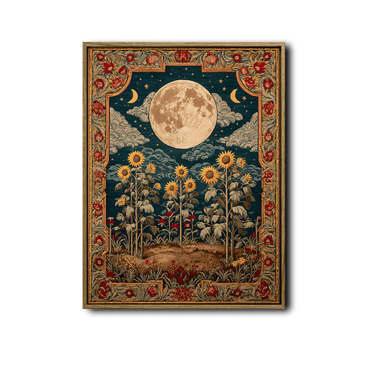 Antique Sunflower & Moon Canvas Wall Art Cottagecore Celestial Home Decor