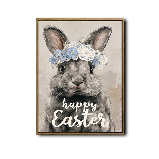 Happy Easter Grey Bunny Blue Floral Crown Canvas Wall Art