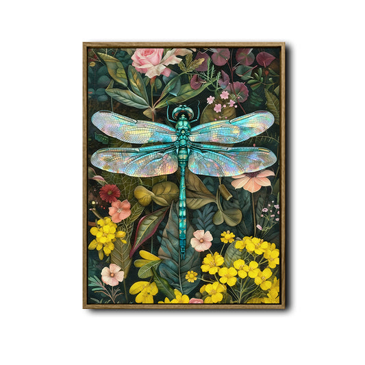 Cottagecore Nature Canvas Wall Decor, Iridescent Dragonfly & Lush Wild Flowers Art Print for Nature Lovers