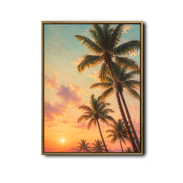 Pastel Sunset Palm Tree Canvas Poster, Dreamy Tropical Island Scenery Artwork for Vacation Home Gallery Wall Decor
