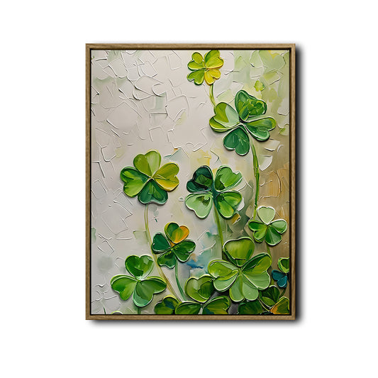 Textured Four Leaf Clover Canvas Wall Art, Impasto Oil Painting Style Lucky Shamrock Print, Neutral Green Vertical Wall Decor for St. Patrick's Day Home Decor