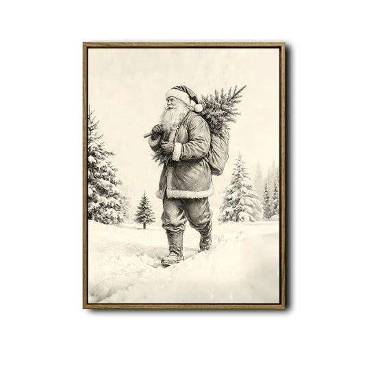 Vintage Sketch Santa Carrying Christmas Tree Framed Wall Art Christmas Decoration