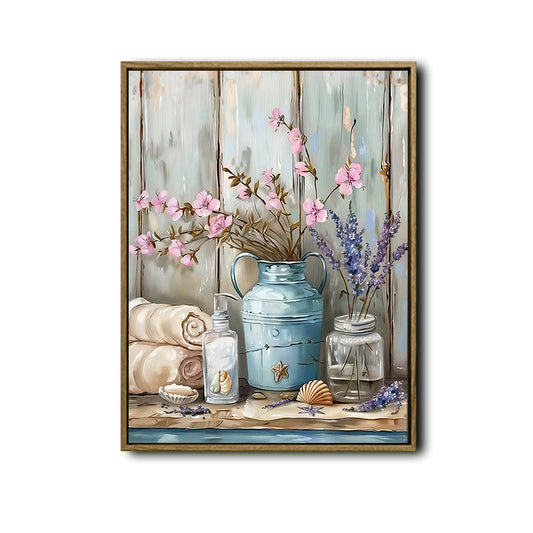 Coastal Bathroom Canvas Wall Art, Teal Metal Pitcher Pink Blossom Lavender Seashell Vertical Print, Shabby Chic Beach Cottage Spa Bathroom Wall Decor