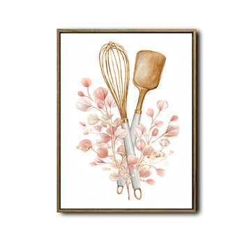 Watercolor Baking Utensils Pink Eucalyptus Framed Wall Art Print