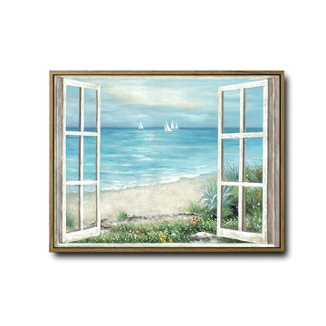 Open White Window Beach Sailboat Canvas Print, Coastal Ocean View Horizontal Wall Art
