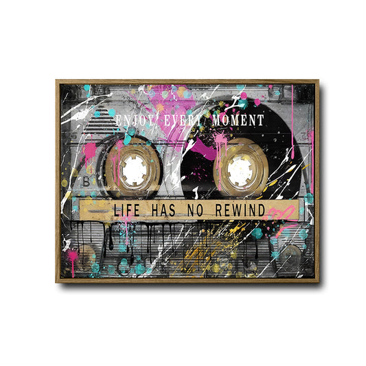 Vintage Tape Motivational Wall Print, Life Has No Rewind Street Art Music Canvas for Office Bedroom Decor