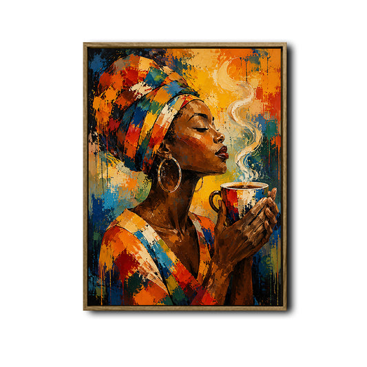 Bold Multicolor Cultural Canvas Poster, Black Woman with Hot Coffee Cup Textured Palette‑Knife Artwork for Gallery Wall Home Decor
