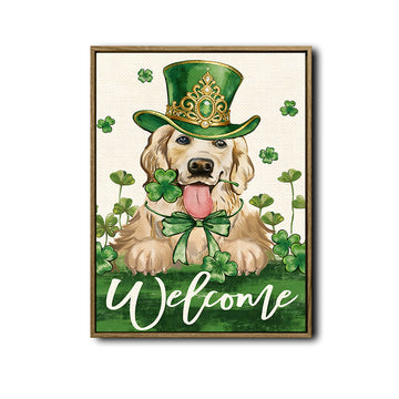 St Patricks Day Golden Retriever Welcome Canvas Wall Art