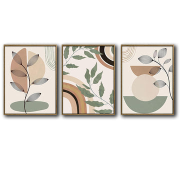 Set of 3 Boho Abstract Leaf Geometric Rainbow Sage Green Framed Wall Art Prints