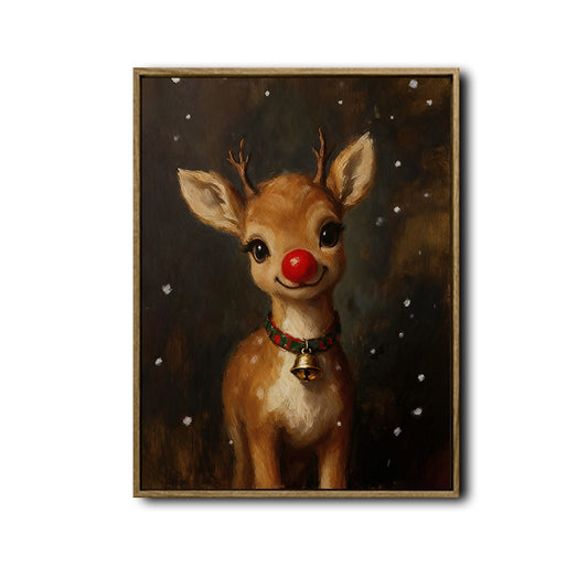 Cute Rudolph Reindeer Framed Wall Art Vintage Oil Painting Christmas Holiday Print