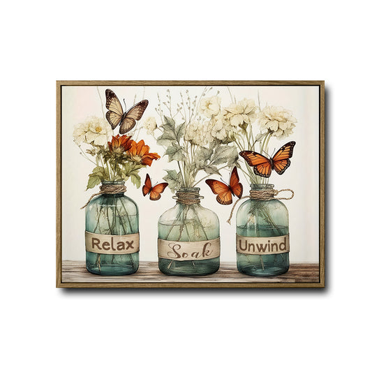 Relax Soak Unwind Canvas Wall Art, Teal Glass Jars Wildflower Butterfly Horizontal Print, Farmhouse Vintage Bathroom Spa Wall Decor