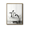 Novelty Penguin Bath Wall Canvas, Monochrome Penguins Splashing In Bathtub Artwork, Fun Powder Room Home Decor