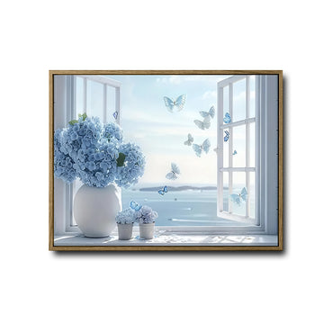 Light Blue Hydrangea Ocean Window Wall Print, Butterfly Seaside Scenery Canvas for Living Room Bathroom Decor