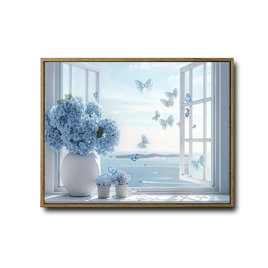 Light Blue Hydrangea Ocean Window Wall Print, Butterfly Seaside Scenery Canvas for Living Room Bathroom Decor