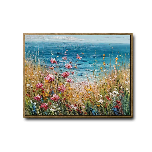 Cliff Wildflower Ocean Landscape Wall Print, Thick Texture Coastal Seascape Canvas for Living Room Bedroom Decor