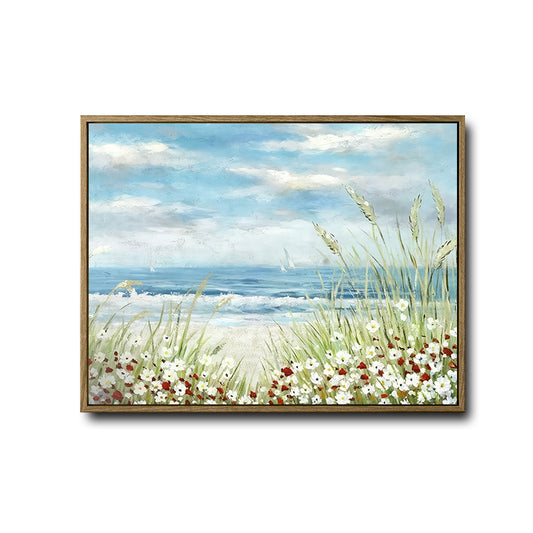 Wildflower Beach Dunes Ocean Canvas Print, Coastal Sailboat Horizontal Wall Art