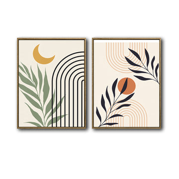 Set of 2 Boho Sun Moon Arch Palm Leaf Neutral Canvas Wall Art