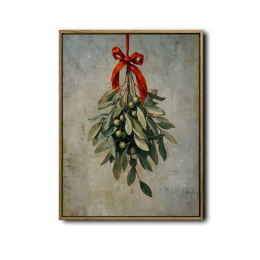 Vintage Mistletoe Red Bow Framed Wall Art Oil Painting Farmhouse Christmas Print