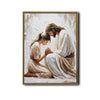 Inspirational Prayer Canvas Wall Art, Jesus Kneeling With Praying Woman Neutral Palette Impasto Religious Poster