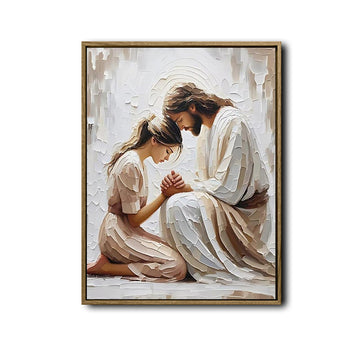 Inspirational Prayer Canvas Wall Art, Jesus Kneeling With Praying Woman Neutral Palette Impasto Religious Poster