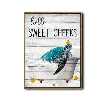 Hello Sweet Cheeks Sea Turtle Canvas, Rustic Funny Bathroom Wall Decor