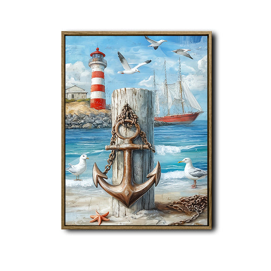 Vintage Nautical Anchor Lighthouse Canvas, Maritime Coastal Beach Wall Decor