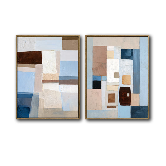 2 Piece Neutral Earth Tone Pastel Blue Geometric Abstract Canvas Prints Palette Knife Textured Contemporary Wall Art