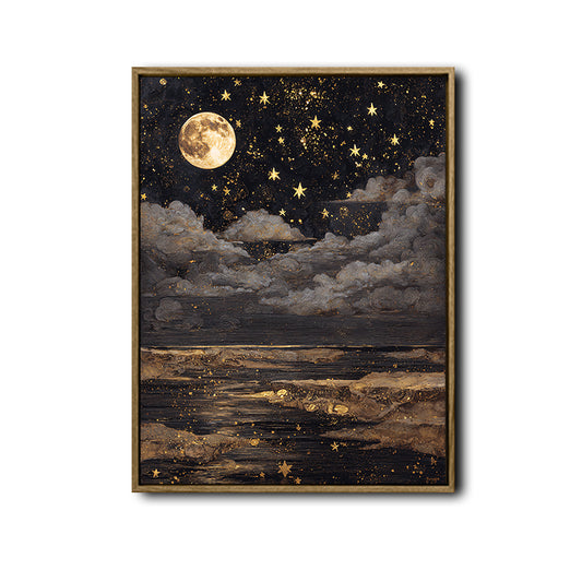 Gold Full Moon Sea Canvas Wall Art Vintage Starry Celestial Home Decor