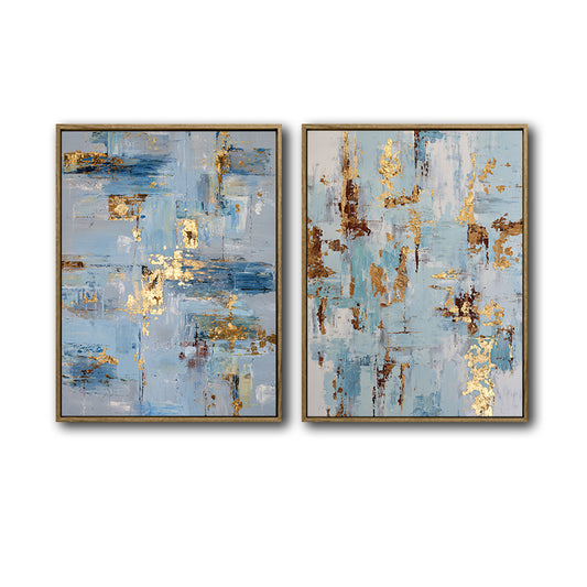 2 Piece Modern Soft Blue Gold Leaf Abstract Canvas Prints Thick Texture Coastal Contemporary Luxury Wall Art