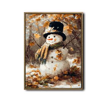 Autumn Forest Snowman Framed Wall Art Vintage Oil Painting Winter Print