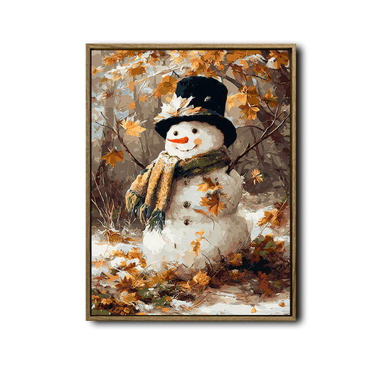 Autumn Forest Snowman Framed Wall Art Vintage Oil Painting Winter Print