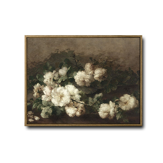 Vintage White Roses Still Life Canvas Wall Art | Classic Floral Oil Painting Print, Antique Moody Home Decor