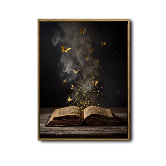 Dark Fantasy Magic Book Canvas Poster, Vintage Open Book Golden Butterfly Glitter Artwork for Reading Nook Gallery Wall Decor