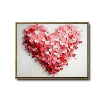 Valentine's Day Pink Red Layered Heart Canvas Wall Art, Romantic 3D Textured Love Heart Framed Canvas Print, Bedroom Couple Wall Decor