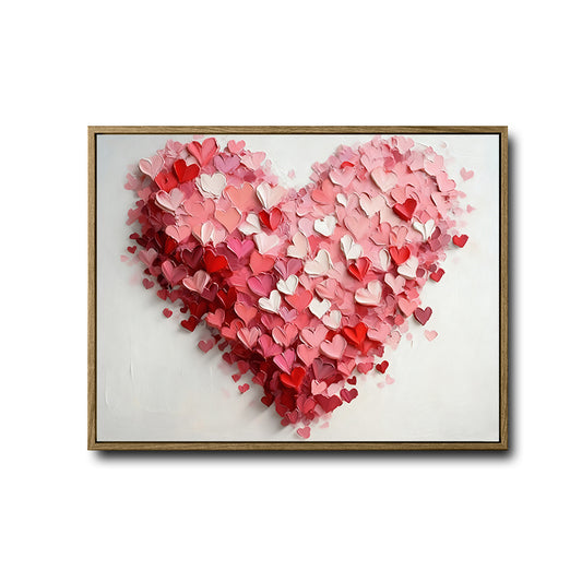 Valentine's Day Pink Red Layered Heart Canvas Wall Art, Romantic 3D Textured Love Heart Framed Canvas Print, Bedroom Couple Wall Decor
