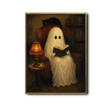 Vintage Reading Ghost Black Cat Library Halloween Framed Wall Art Print