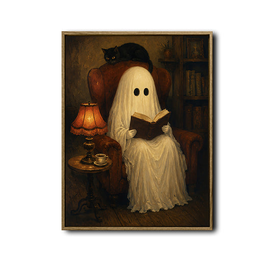 Vintage Reading Ghost Black Cat Library Halloween Framed Wall Art Print
