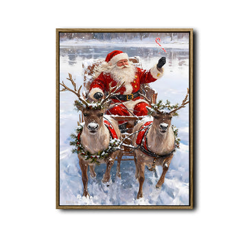 Santa Sleigh & Reindeer Framed Wall Art Vintage Oil Painting Christmas Print