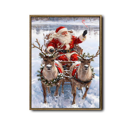 Santa Sleigh & Reindeer Framed Wall Art Vintage Oil Painting Christmas Print