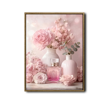 Valentine Pink Floral Perfume Bottle Canvas Wall Art, Soft Pink Rose Peony Vase Still Life Framed Canvas Print, Romantic Coquette Bedroom Vanity Wall Decor